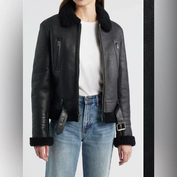 Frye Black Leather Jacket with genuine shearling trim - Picture 1 of 9